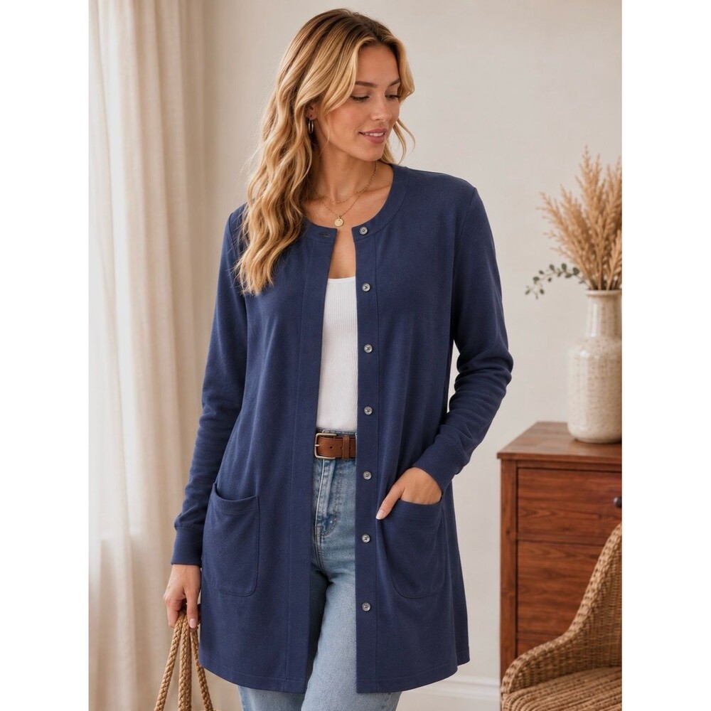 J. Jill Navy Wool Blend Long Cardigan Sweater Jacket Pockets Size Small